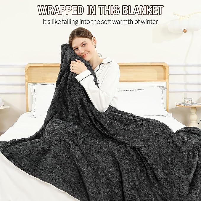 Heated Throw Blanket Electric,Electric Blanket Checkered Weave & Wool Blend Heated Blanket,Rapid Heating 6 Temperature Settings 4-Hour Auto Shut-Off ETL Certified,Machine Washable,50" x 60",Dark Gray