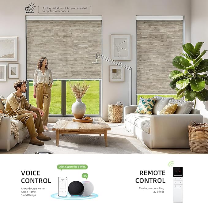 ZSTARR Motorized Smart Light Filtering Blind for Window with Remote Control, Automatic Blackout Roller Shade Customizable Size,with Valance Child Safety Rechargeable Battery Blinds (Light Khaki)