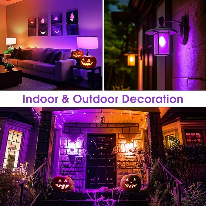 Orange Purple Light Bulbs [2 Pack], A19 LED Orange and Purple Bulb Outdoor, Halloween Light Bulbs, 9W (60 Watt Equivalent) - E26 Colored Light Bulb for Porch Light Christmas Party Home Holiday Decor