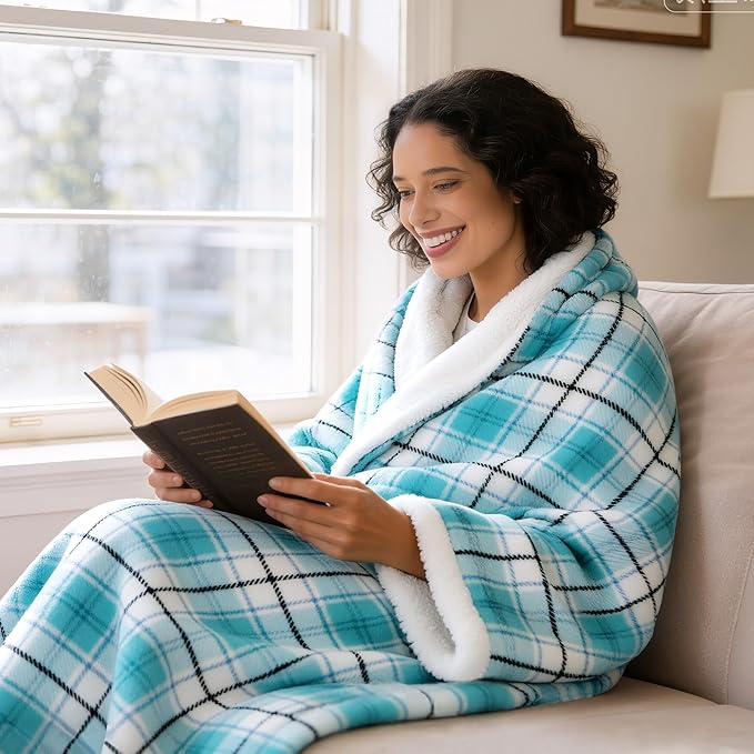 Electric Heated Blanket 50"x60",Fast Heated Throw with 8 Hours Auto Off/8 Heats Levels,Soft Blue Plaid Sherpa Electric Blanket with ETL Certification & Over-Heat Protection