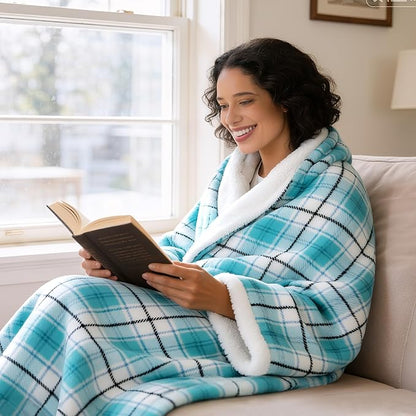 Electric Heated Blanket 50"x60",Fast Heated Throw with 8 Hours Auto Off/8 Heats Levels,Soft Blue Plaid Sherpa Electric Blanket with ETL Certification & Over-Heat Protection