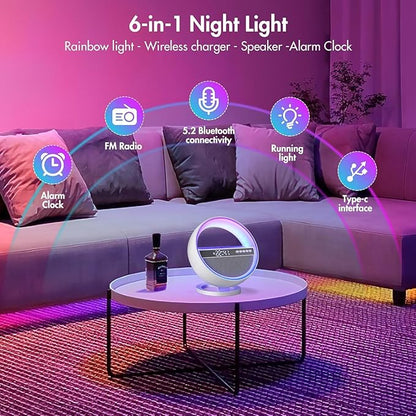 Mood Lamp with Up to 15W Wireless Charger, 6 in 1 Smart Alarm Clock, Bluetooth Speaker, LED Table Lamp with 12 RGB Colors, Bedside Nightstand Lamp, Modern Desk Lamp Gift - G5