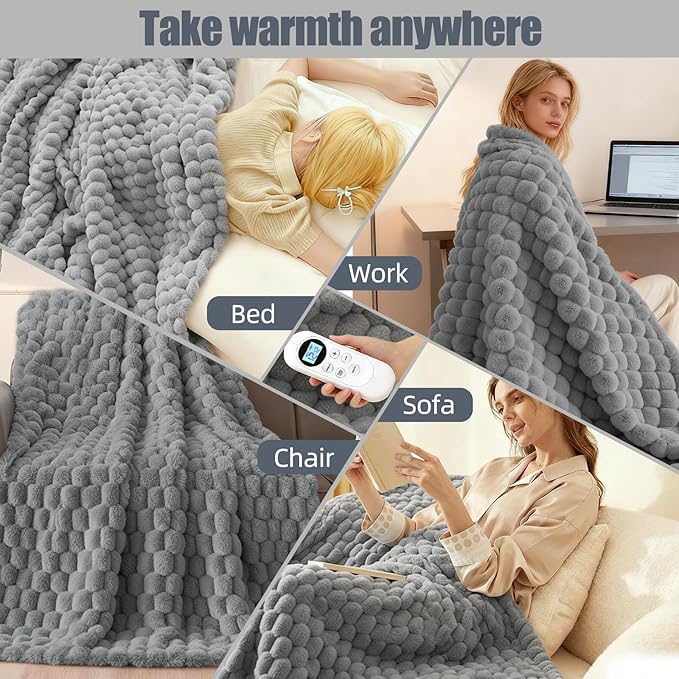Heated Blanket Throw 50" x 60" Soft Ribbed Faux Fur Flannel Fast Heating 12 Heat Levels 1–12H Timer & Overheat Protection & Auto Shut-Off & ETL FCC & Machine Washable Heated Throw