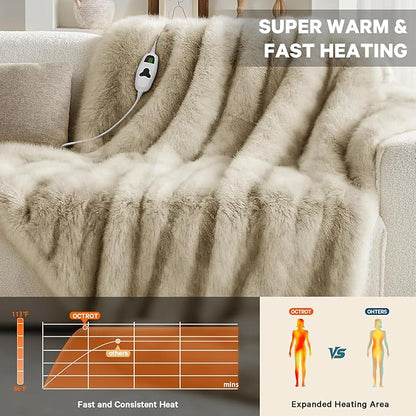 Heated Electric Blanket Twin, Octrot 60"X80" Faux Fur Heating Blanket Luxury Christmas Gifts Heavy Plush with 10 Heats Levels & 8 Hours Auto Off,Super Cozy Warm Fuzzy,Fluffy Decor Winter Warming,Beige