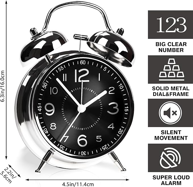Super Loud Alarm Clock for Heavy Sleepers Adults,Twin Bell Retro 4 Inch Silent Non-Ticking Quartz with Backlight, Metal dial, Alarm Clocks for Bedrooms Bedside (Black)