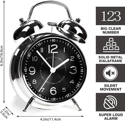 Super Loud Alarm Clock for Heavy Sleepers Adults,Twin Bell Retro 4 Inch Silent Non-Ticking Quartz with Backlight, Metal dial, Alarm Clocks for Bedrooms Bedside (Black)