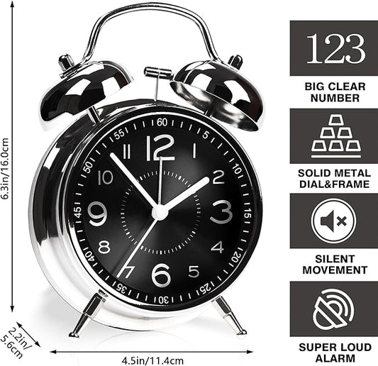 Super Loud Alarm Clock for Heavy Sleepers Adults,Twin Bell Retro 4 Inch Silent Non-Ticking Quartz with Backlight, Metal dial, Alarm Clocks for Bedrooms Bedside (Black)