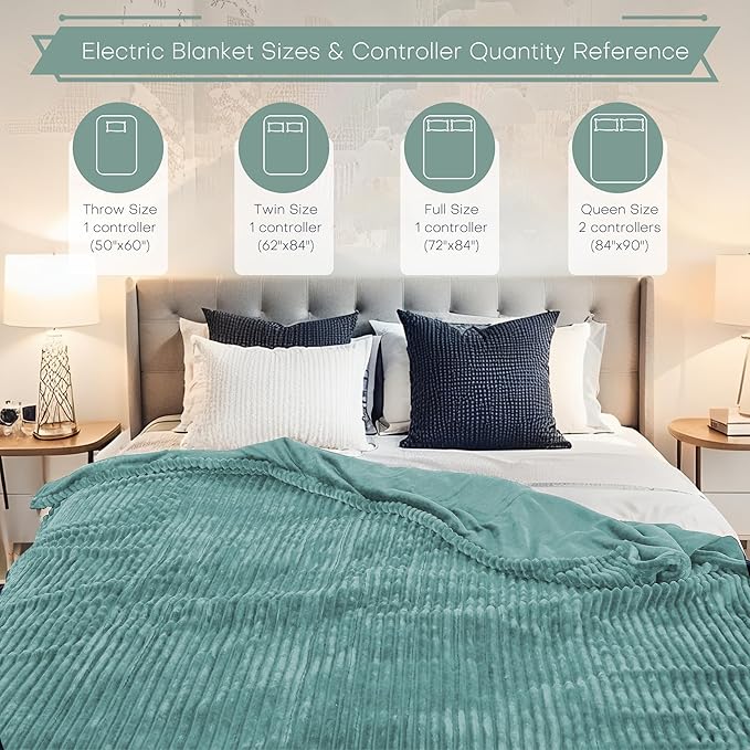 Electric Heated Blanket Queen Size 84"x90" with Cozy Flannel, 6 Heat Settings & 10 Hours Auto Off, Soft & Cozy Warming Throw for Home, Office, or Bed, Machine Washable, Bean Green