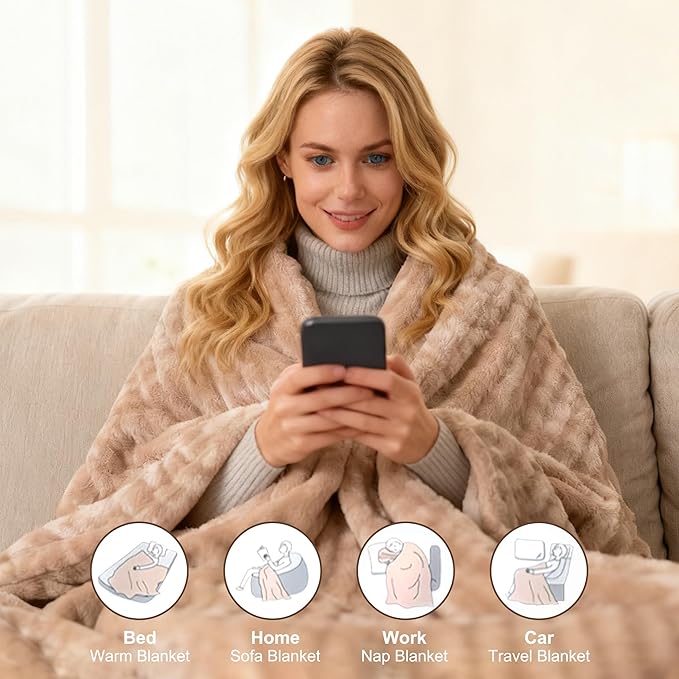 KINGTE Heated Blanket Electric Blanket Twin Size 62"x84" - Dual Sided Warm Sherpa & Bubble Plush,Electric Heating Blanket with 8 Heat Levels 6 Hours Auto-Off, Machine Washable, for Women