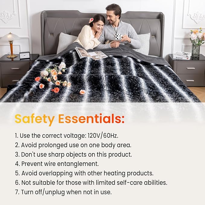 WOOMER Heated Blanket Queen Size 84" x 90", Electric Blanket with Dual Controls, 0.5-12 Hours Timer & 10 Heating Levels, ETL Certified, Black Grey Flowers Patterns Faux Fur & Sherpa, Machine Washable