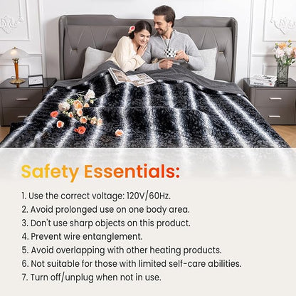 WOOMER Heated Blanket Queen Size 84" x 90", Electric Blanket with Dual Controls, 0.5-12 Hours Timer & 10 Heating Levels, ETL Certified, Black Grey Flowers Patterns Faux Fur & Sherpa, Machine Washable