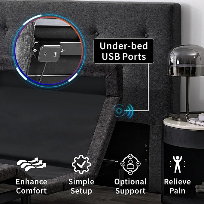 MUUEGM Queen Adjustable Bed Frame with Thickened Frame, Head and Foot Lift, Head-Pillow-Tilt, Adjustable Beds with Smart APP Control, Massage, Zero Gravity, Anti-Snore, Wireless Remote,USB Ports