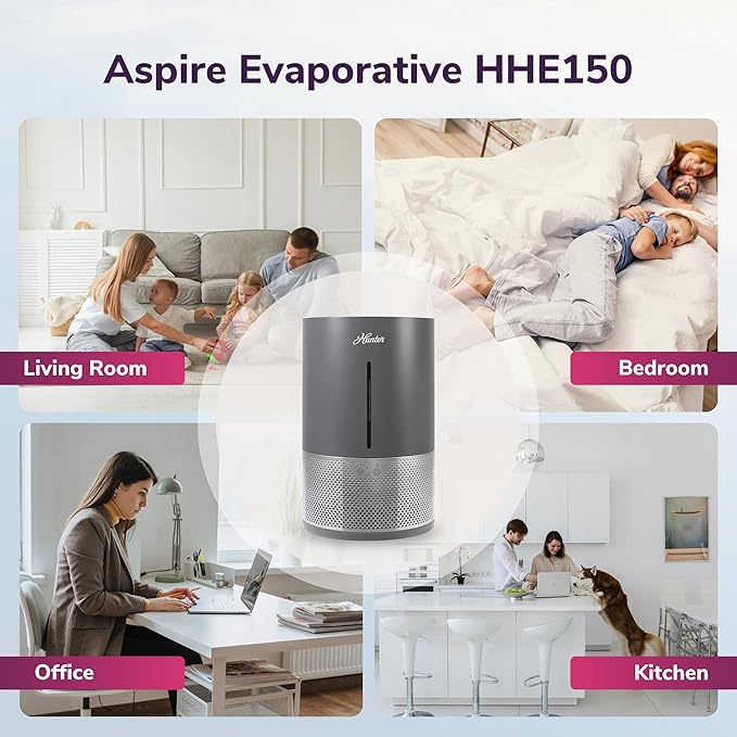 HHE150 Hunter Aspire 4.8L Evaporative Humidifier with PermaWick Filter (4.8L) - Remove Contaminants & White Dust for Clean Mist & Air – Medium Humidifier for Home, Bedroom, or Dorm - Graphite