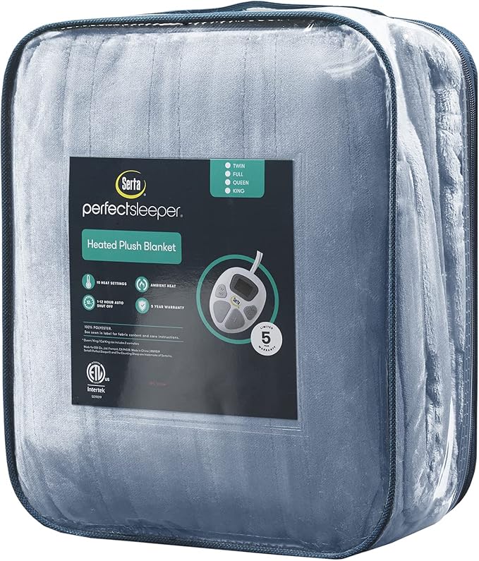 Serta Luxuriously Soft Plush Electric Blanket Fast Heating Cozy Cover, Safety Auto Shut Off Timer, Low EMF, Multi Heat Setting, ETL Certified, Machine Washable, Sea Blue King (92 in x 100 in)