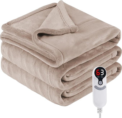 Electric Heated Blanket Throw Size 50"x60", Fast Heating Throw, Soft Microplush for Sofa & Office,6 Heating Levels & 1-10 Hours Auto Off, Machine Washable, Gifts for Family-Camel