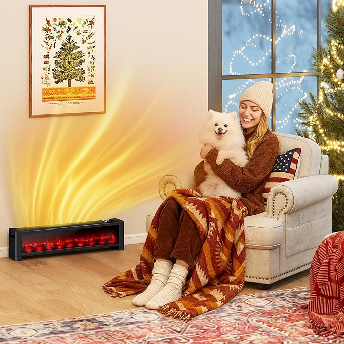 Baseboard Heater with Flame - 1000W Electric Fireplace Heater with Realistic 3D Flame Effect, Adjustable Thermostat Space Heater for Large Room, Office, Bedroom, Tip-Over & Overheat Protection