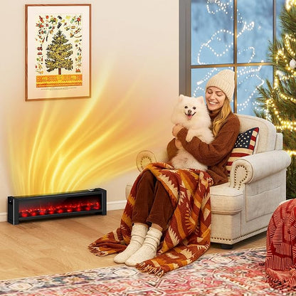 Baseboard Heater with Flame - 1000W Electric Fireplace Heater with Realistic 3D Flame Effect, Adjustable Thermostat Space Heater for Large Room, Office, Bedroom, Tip-Over & Overheat Protection