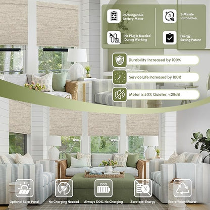 FineTell Motorized Blinds with Remote, 100% Blackout Roller Shades Compatible with Alexa,Apple Homekit,Google Home APP and Voice Control, Customized Electric Blinds (100% Blackout Classic Sandy)
