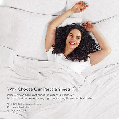 Linenwalas 100% Cotton Percale Sheets Set California King Size, 4 Pieces Sheet Set - 1 Flat, 1 Deep Pocket Fitted Sheet and 2 Pillowcases, Crisp Cooling Bed Linen (White/Calking)
