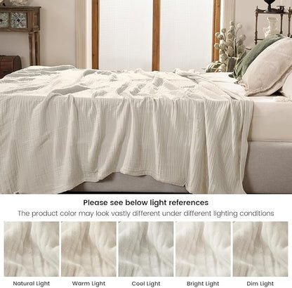 PHF Cooling Muslin Queen Blanket for Hot Sleepers, 60% Viscose from Bamboo, 40% Cotton and 4-Layer Breathable Gauze Blanket for Bed Couch, 90"x90", Oat Milk