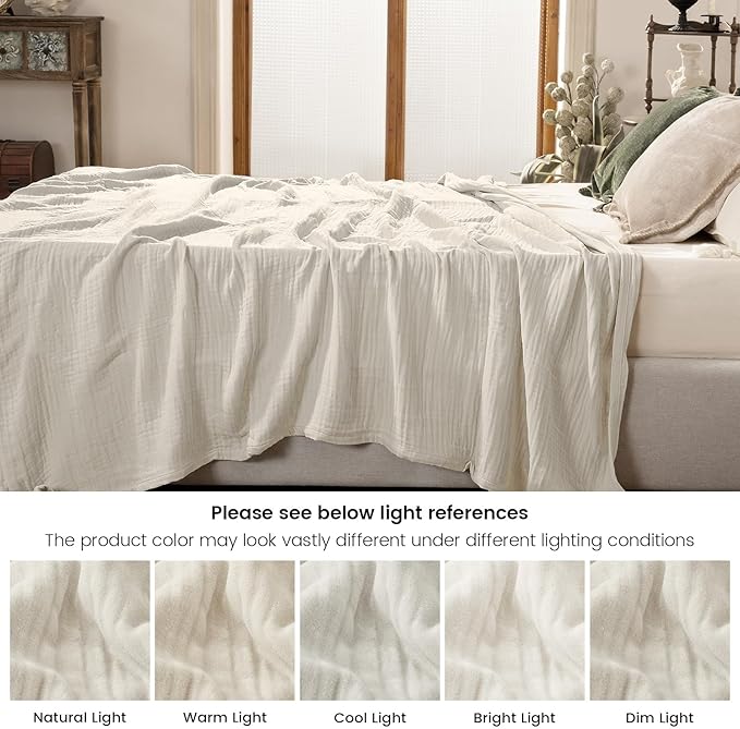 PHF Cooling Muslin King Blanket for Hot Sleepers, 60% Viscose from Bamboo, 40% Cotton and 4-Layer Breathable Gauze Blanket for Bed Couch, 108"x90", Oat Milk