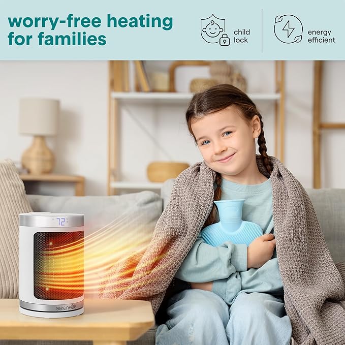 SereneLife Portable Space Heater – 1500W PTC Ceramic Electric Heater with Thermostat, Remote, 12-Hour Timer, 3 Heating Modes, Oscillation, Safe & Quiet for Home, Office, Bedroom (White)