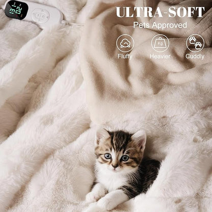 IUUI Electric Heated Blanket Queen 84''x90'',Luxury Faux Rabbit Fur Heating Throw Blankets,Fast Heating with 1/2/4/6/8/10 Hours,Overheat Protection, Quick Heating, Memory Function, Gift-Ready Design