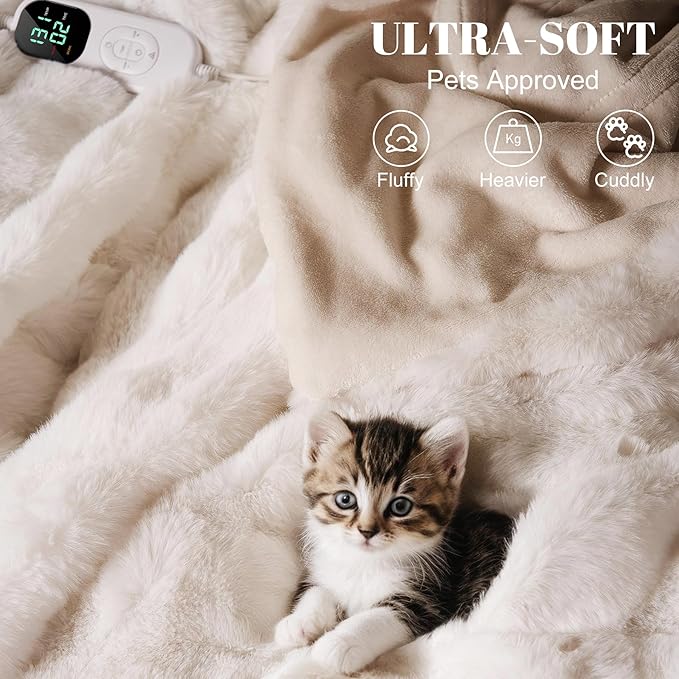 IUUI Electric Heated Blanket Throw 50''x60'',Luxury Faux Rabbit Fur Heating Throw Blankets,Fast Heating with 1/2/4/6/8/10 Hours,Overheat Protection, Quick Heating, Memory Function, Gift-Ready Design