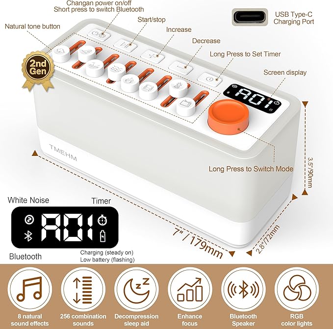 3-in-1 Sleep Sound Machine with 8 Mixable Nature Sounds, Portable Bluetooth Speaker & 12-Color Night Light, White Noise, Sleep Timer & Breathing Exercises for Babies, Kids, and Adults
