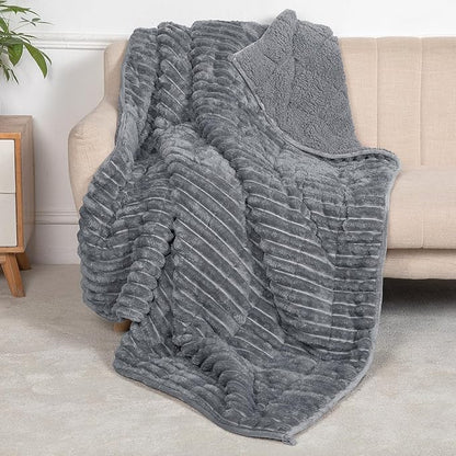 Sherpa Fleece Weighted Blanket with 3D Ribbed Stripes, 15 lbs Soft Flannel Heavy Throw Blanket for Couch Bed Sofa, Heavy Thick Blankets with Glass Beads, Great for Sleep, 48" x 72"