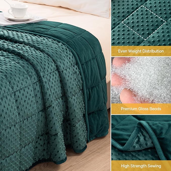 Wemore Minky Dot Weighted Blanket for Adults Queen Size 12 lbs, Soft Cozy Heavy Blanket for Bed and Couch, Breathable Blanket for All-Season with Glass Beads, Dark Green 60 x 80 inches