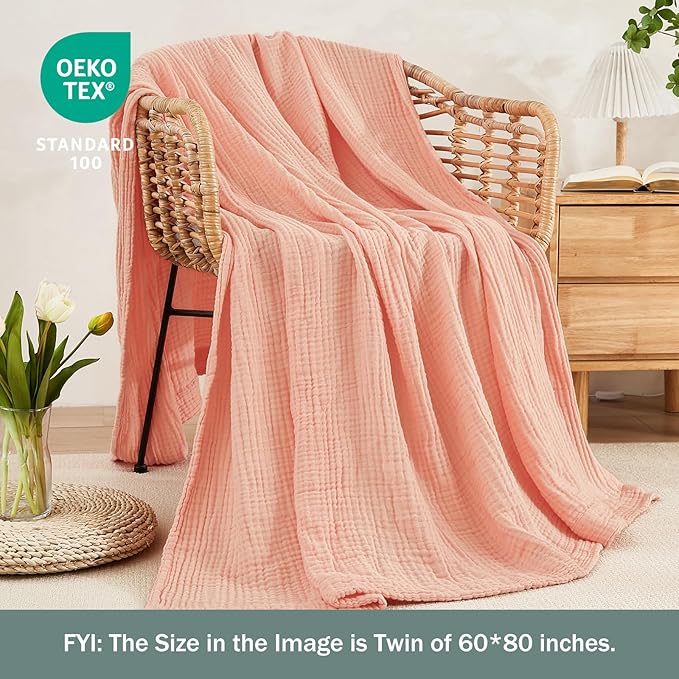 EMME Muslin and Cotton Twin Blankets for Couch Breathable Gauze Blanket All Season Soft and Lightweight Pre-Washed Cotton Blanket (Pink, 60"x80")