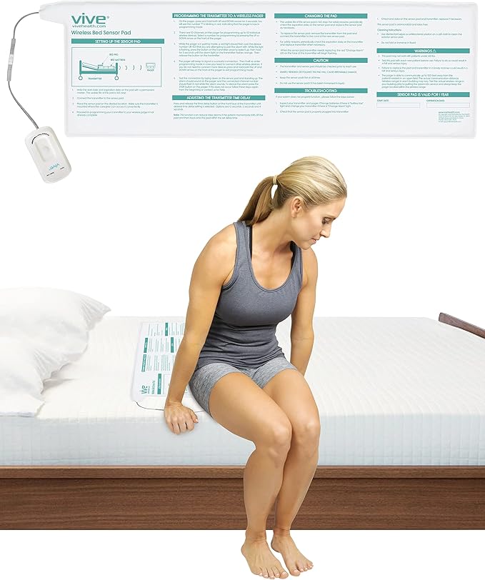 Vive Wireless Bed Alarm - Motion Sensor Kit for Elderly Dementia Patients - Weight Movement Pressure Pad Detector - Automatic Health Alert System for Mat Elderly