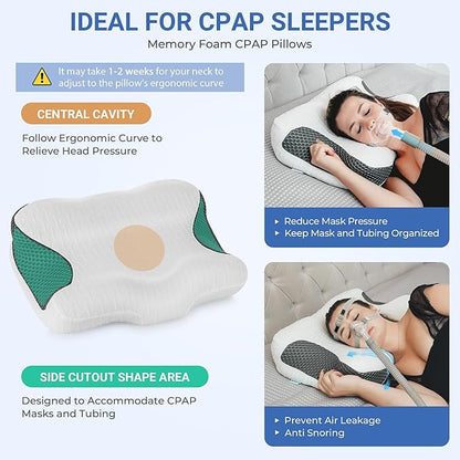 Elviros Cervical Neck CPAP Pillow for Sleeping, Ergonomic Adjustable Height Neck Support Memory Foam Bed Pillow for CPAP Users with Sleep Apnea, Suitable for Side and Back Sleepers