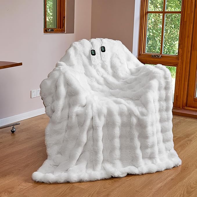 IUUI Electric Heated Blanket Queen 84''x90'',Luxury Faux Rabbit Fur Heating Throw Blankets,Fast Heating with 1/2/4/6/8/10 Hours,Overheat Protection, Quick Heating, Memory Function, Gift-Ready Design