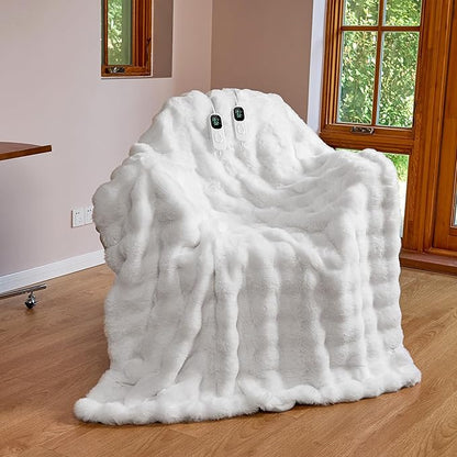 IUUI Electric Heated Blanket Queen 84''x90'',Luxury Faux Rabbit Fur Heating Throw Blankets,Fast Heating with 1/2/4/6/8/10 Hours,Overheat Protection, Quick Heating, Memory Function, Gift-Ready Design