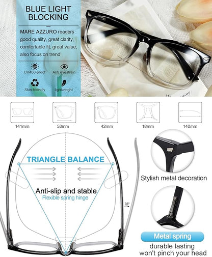 MARE AZZURO Blue Light Blocking Reading Glasses Women Computer Readers 1.0 1.25 1.5 1.75 2.0 2.25 2.5 2.75 3.0 3.5 4.0 5.0 6.0 (Black-clear, 1.75)