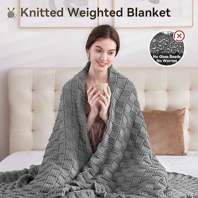 Knitted Weighted Blanket Kids, No Beads Heavy Blanket 40” x 60'' 7lbs, Breathable Chunky Knit Blanket, Cooling Weighted Blanket for Hot Sleepers, Christmas Home Decor (Light Grey)