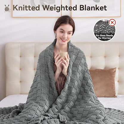 Knitted Weighted Blanket for Adult, No Beads Heavy Blanket 60” x 80'' 12lbs, Breathable Chunky Knit Blanket, Cooling Weighted Blanket for Hot Sleepers, Christmas Home Decor (Light Grey)
