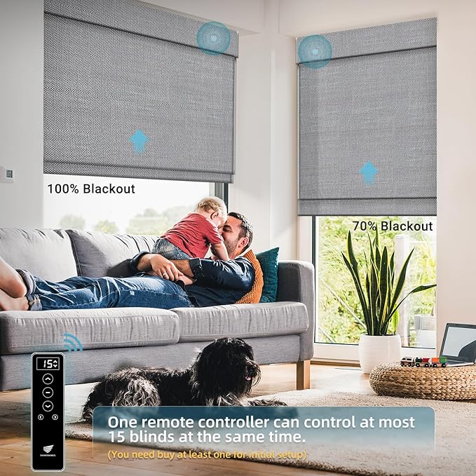 SmartWings Motorized Wood Blinds for Windows, Smart Wooven Shades Blackout/Light fitlering with Remote for Sliding Doors, Work with Matter Homekit Zigbee Alexa Z-Wave Google, Customized, Bamboo 722