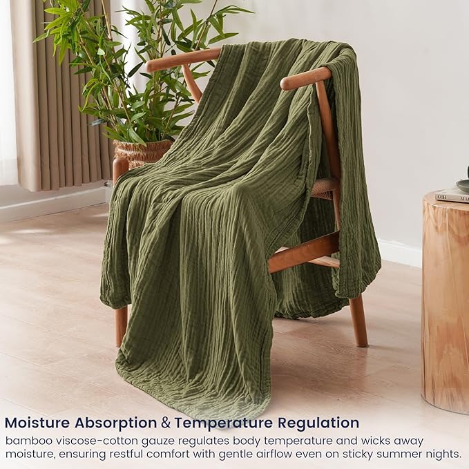 PHF Cooling Muslin Throw Blanket for Hot Sleepers, 60% Viscose from Bamboo, 40% Cotton and 4-Layer Breathable Gauze Blanket for Bed Couch, 50"x60", Olive Green