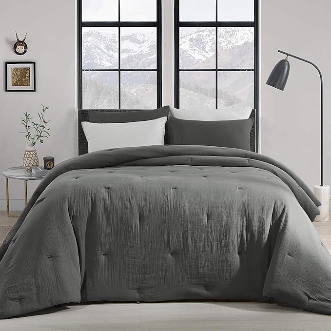 HOMBYS 100% Cotton Muslin Comforter Oversized King 128x120, Lightweight and Breathable Down Alternative Comforter,Soft Gauze Summer Dark Grey Reversible Fluffy Duvet Insert