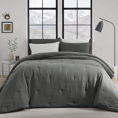 HOMBYS 100% Cotton Muslin Comforter Oversized King 128x120, Lightweight and Breathable Down Alternative Comforter,Soft Gauze Summer Dark Grey Reversible Fluffy Duvet Insert