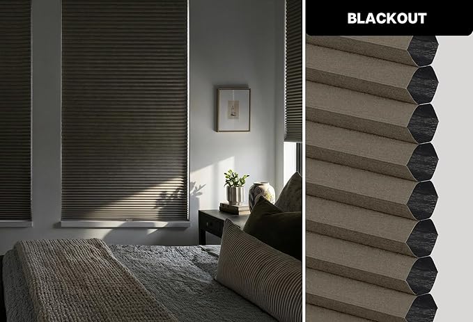 LazBlinds Cordless Cellular Shades, No Tools No Drill Blackout Honeycomb Shades Pleated Blinds for Windows, 21" W x 64" H, Dark Coffee