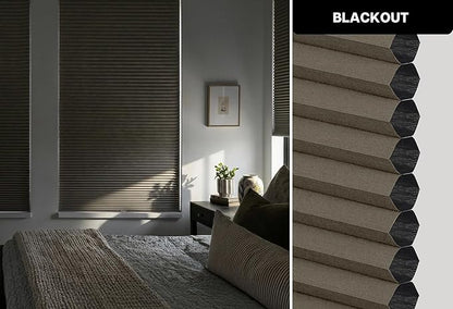 LazBlinds Cordless Cellular Shades, No Tools No Drill Blackout Honeycomb Shades Pleated Blinds for Windows, 46" W x 64" H, Dark Coffee