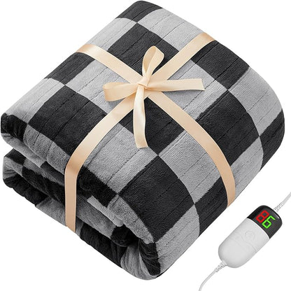 Heated Electric Blanket Twin Size, 62X84 Heating Blanket with 10 Heat Level & 8 Hours Auto Off, Black Gray Checkered Plaid Soft Fleece Sherpa Blankets Warmer Gifts for Couch Grandma Women Adults