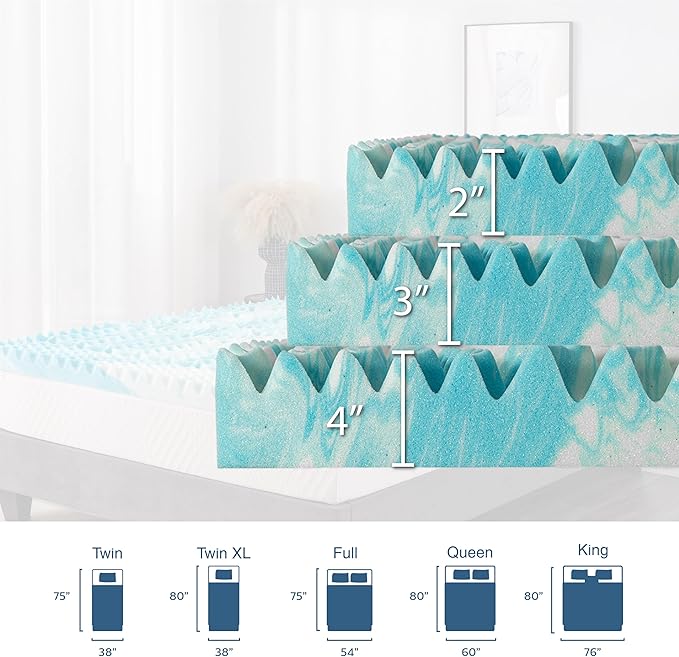 4 Inch 5-Zone Queen Memory Foam Mattress Topper, Cooling Gel Infused Foam Mattress Topper for Pressure Relief, CertiPUR-US Certified Queen Bed Topper,Blue, 60"×80"