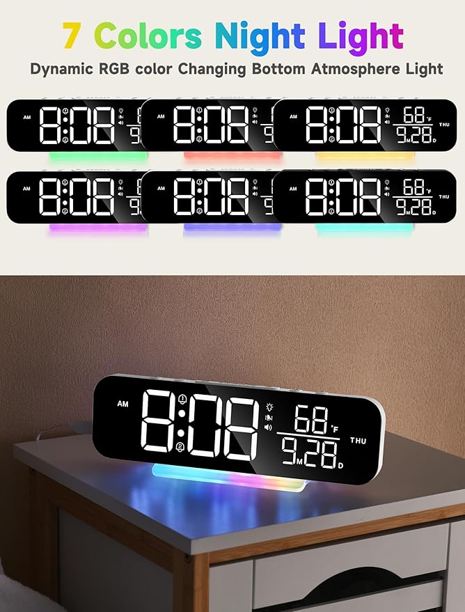 Extra Loud Vibrating Alarm Clock with Bed Shaker,Large LED Digital Display,Dual Alarms,Multiple RGB Colors,Dimmable Volume Adjustable,for Deep Sleepers and Hearing Impaired Deaf Seniors