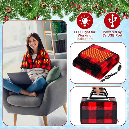 Tuanse 2 Pcs USB Heated Blanket 25"x35" Small Portable 5v 3 Setting Electric Blanket with Timer and Temperature Controller Winter Wearable Recharge Throw for Travel Home(Red and Black Plaid)