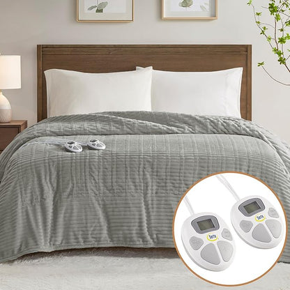 Serta Electric Blanket, Soft, Ribbed, Plush Heating Blanket Queen for Office, Couch, 1-12 hr Auto Shut Off Timer, 10 Lv Heating, ETL Certified, Queen 84"x90" Mineral Grey